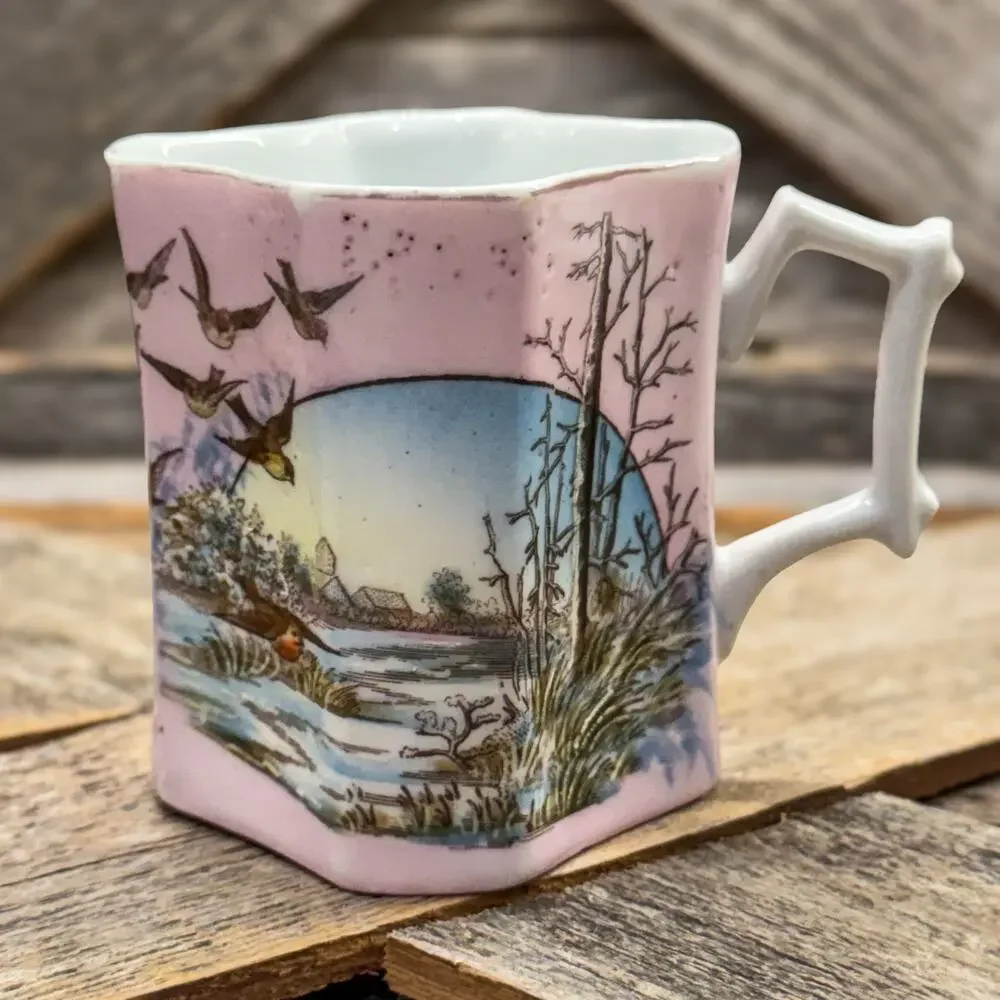 19th Century Victorian Pink Bone China Wishbone Handled Cup w/ Winter Landscape